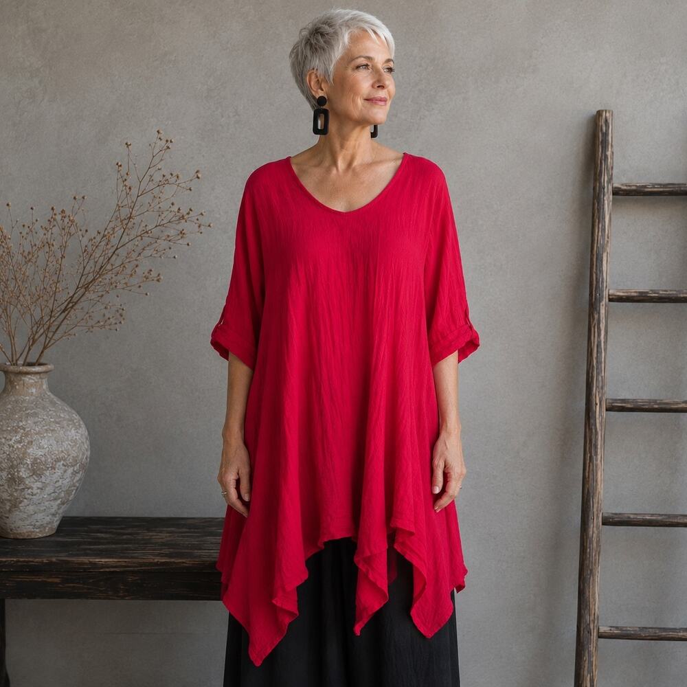 Oh My Gauze Red Short Sleeve Lagenlook Tunic Top 1 ( s/m)